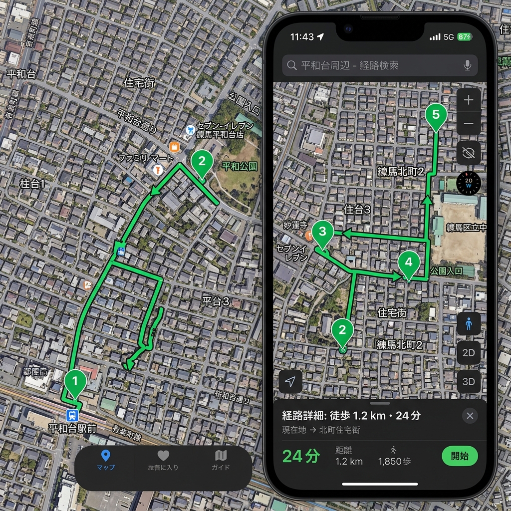 AIルート自動生成を示すスマホマップ画面