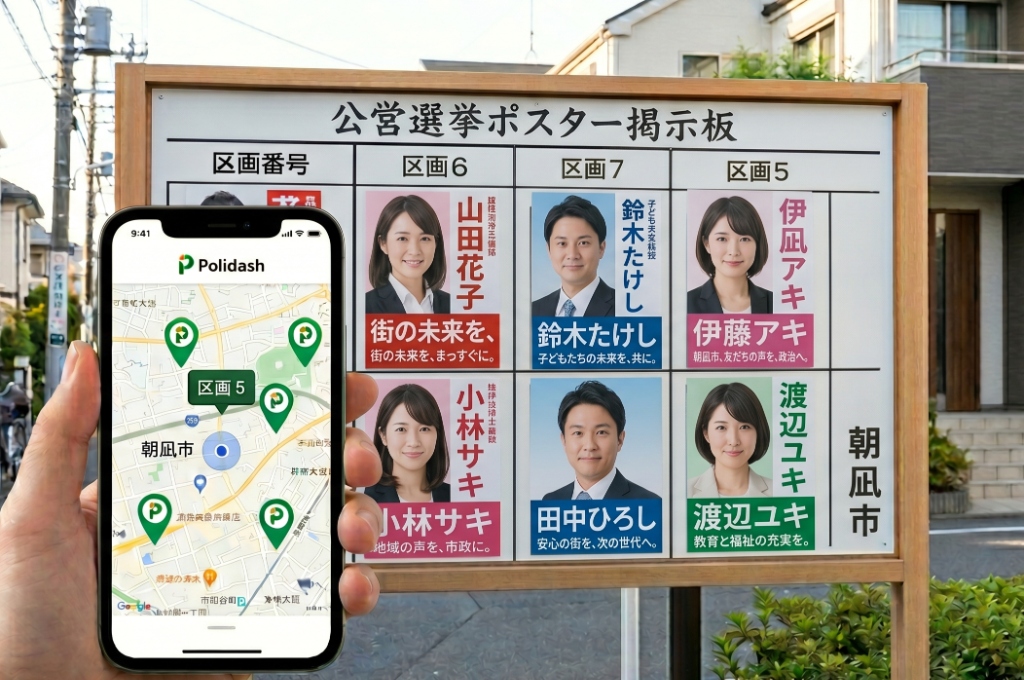 選挙ポスター掲示板の前でPolidashアプリを開く様子